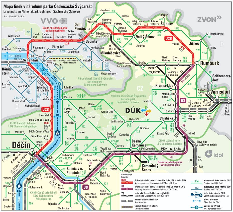 Mapa linek národního parku se zapracovanými aktualizacemi linek v Bad Schandau ke dni 29.1. 2026 (most a PlusBus linky).