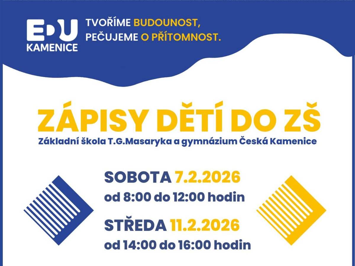 Zápisová řízení budou prováděna dne 7.2.2026 od 8:00 do 12:00 hodin v dolní budově školy (Komenského ul. čp. 360).  Náhradní termín: 11.2.2026 od 14:00 do 16:00 hodin.