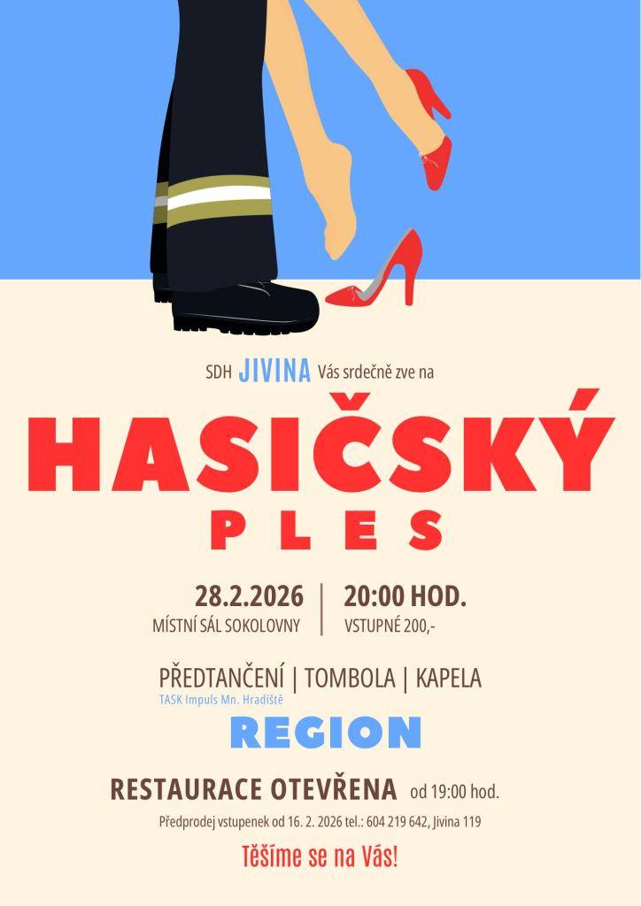 SDH Jivina Vás zve na Hasičský ples konaný 28.2.2026 v tělocvičně na Jivině.