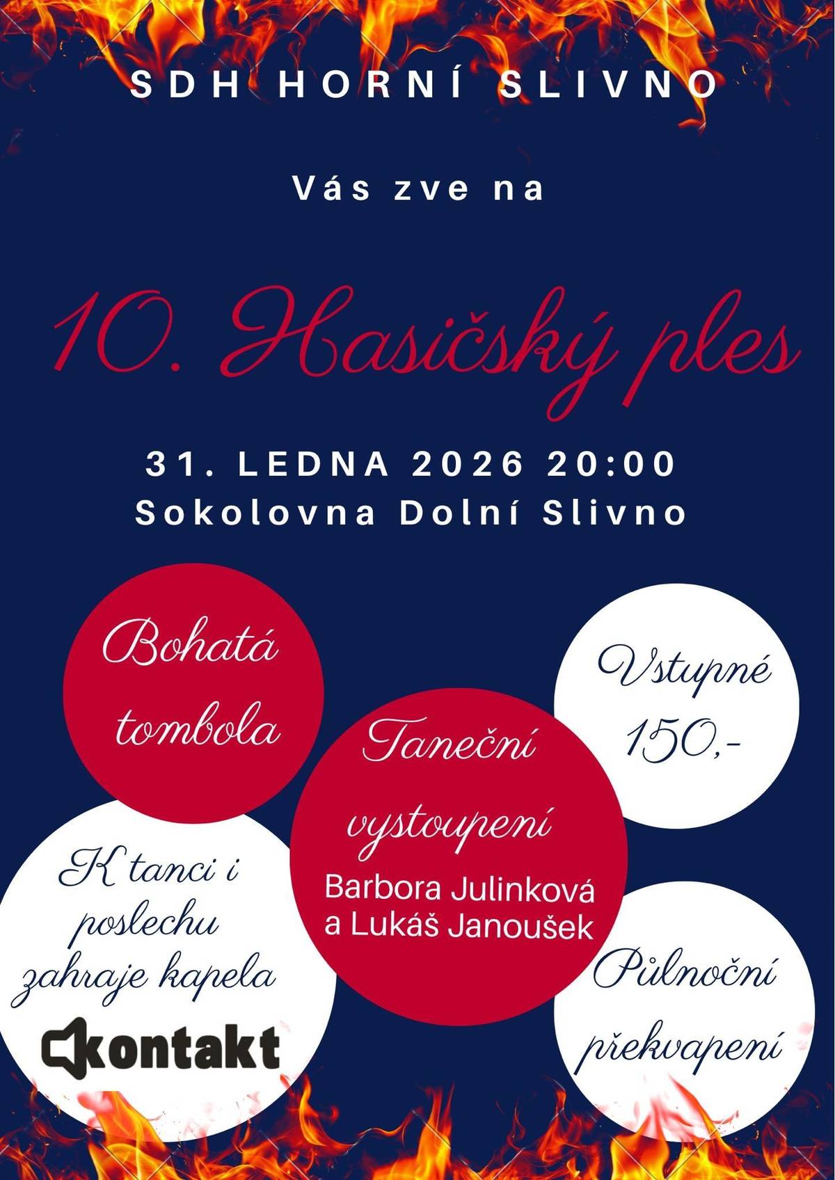 V sobotu 31. ledna od 20:00 hodin se můžete pobavit na jubilejním 10. hasičském plese, který pořádá SDH Horní Slivno v sokolovně v Dolním Slivně. Přijďte si užít večer plný tance, zábavy a skvělé atmosféry. V neděli 1. února 2026 je od 16:00 do 17:00 hodin pro milovníky pohybu připraveno společné bruslení na zimním stadionu v Benátkách nad Jizerou. Vezměte rodinu, kamarády a přijďte si užít víkend plný pohybu a zábavy😊