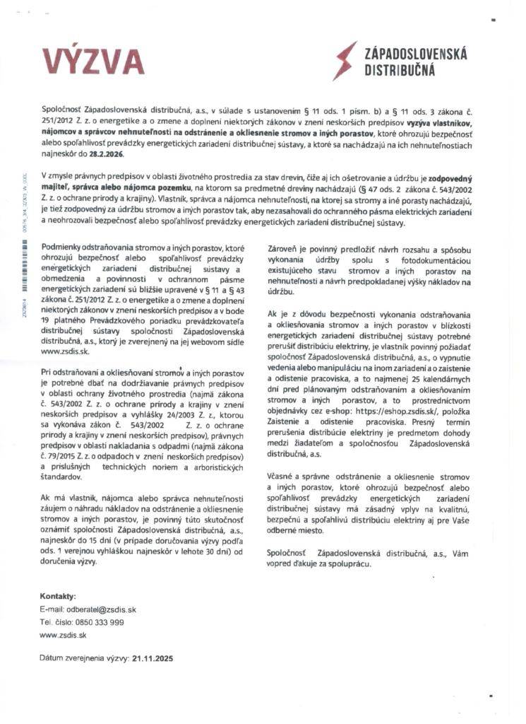 Výzva na orez stromov a porastov do 28.02.2026