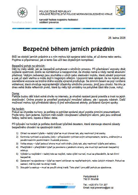 Bezpečně během jarních prázdnin  Blíží se období jarních prázdnin období a s ním mohou být spojena také rizika, ať už doma nebo venku.  Pojďme si připomenout, jak si tento čas užít bez zbytečných komplikací.