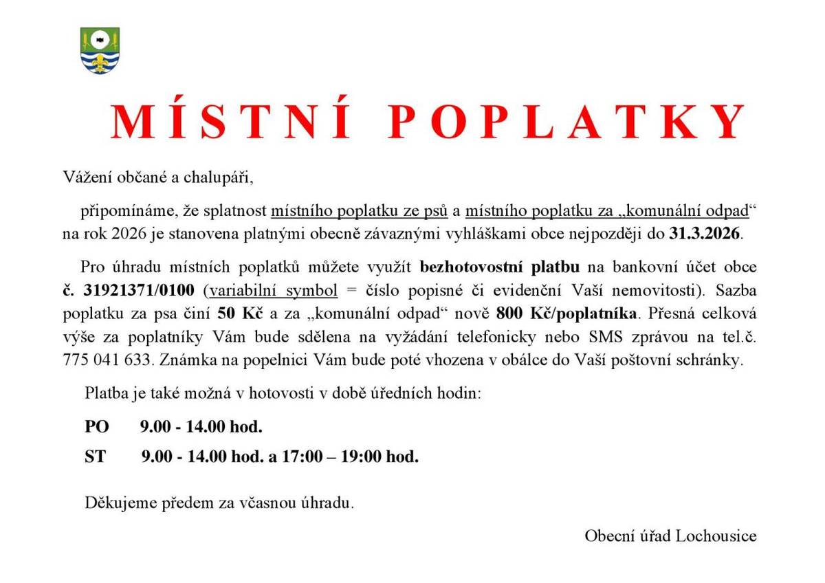 Oznámení o splatnosti místních poplatků na rok 2026
