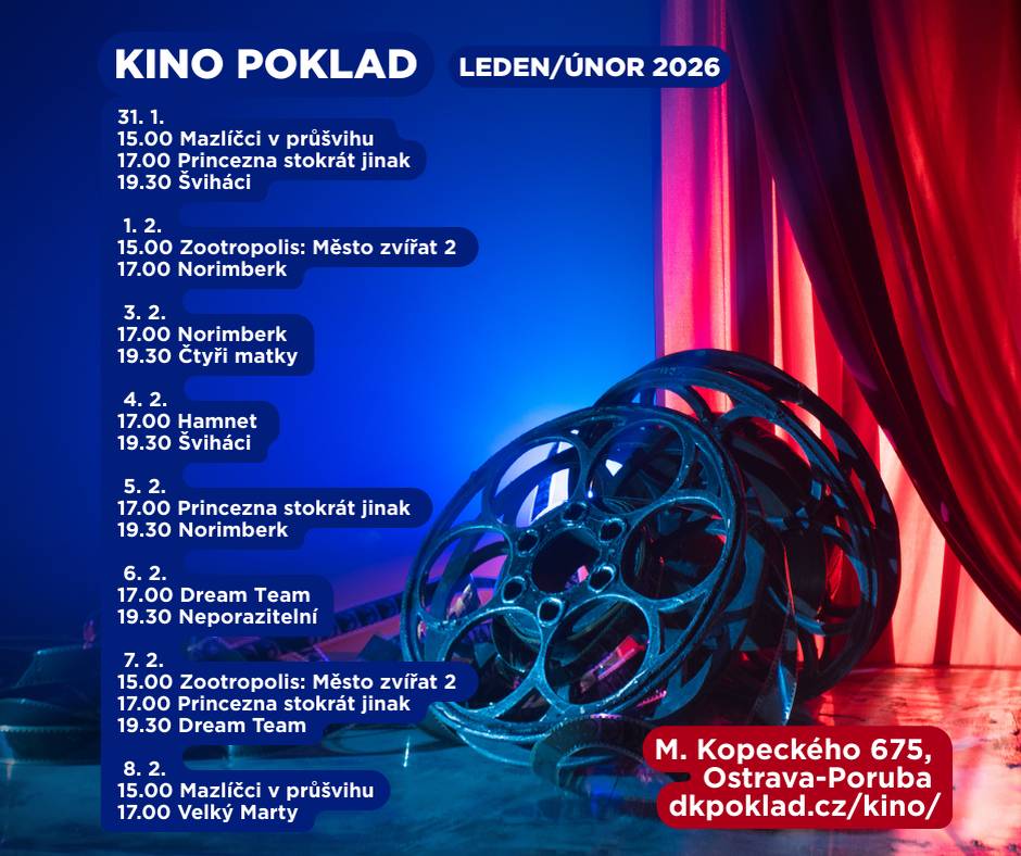 📍Výběr z kulturních, vzdělávacích či sportovních akcí v Porubě ✅ DK Poklad 🎭 Divadlo Verze: Jméno 📅 2. 2. 2026 | 🕓 19.00 🎶 Hudba při svíčkách: Ludovico Einaudi   📅 4. 2. 2026 | 🕖 21.00 💬 Petr Jan Juračka: Nejsou to šlapky tour – beseda 📅 5. 2. 2026 | 🕝 19.00 💃🏼 Tanec ZeMě – workshop 📅 6. 2. 2026 | 🕝 18.00 🗣 Petr Kubala: Kafrárna – talk shaw 📅 6. 2. 2026 | 🕝 19.00 ℹ️ dkpoklad.cz  ✅ Galerie Dukla 🎨 Okupace Dukly – komunitní setkání 📅 3. 2. 2026 | 🕔 16.00 ℹ️ facebook.com/galeriedukla   ✅ Ateliér BeLucky ☕ Malování na keramiku 📅 7. 2. 2026 | 🕞 15.30 ℹ️ belucky.cz  ✅ Zimní stadion, Čkalovova 6144/20 🏒 HC RT Torax Poruba × RI OKNA Berani Zlín 📅 8. 2. 2026 | 🕞 16.00 ℹ️ hcporuba.cz  👉 Přehled dalších akcí v Porubě zde
