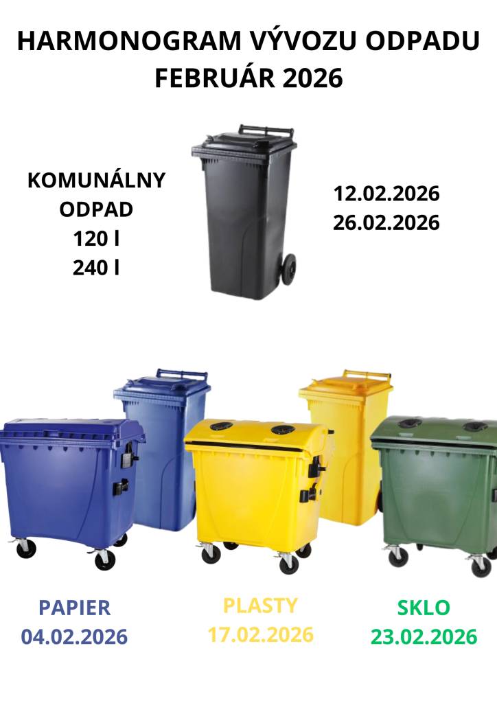Harmonogram vývozu odpadov na mesiac FEBRUÁR 2026