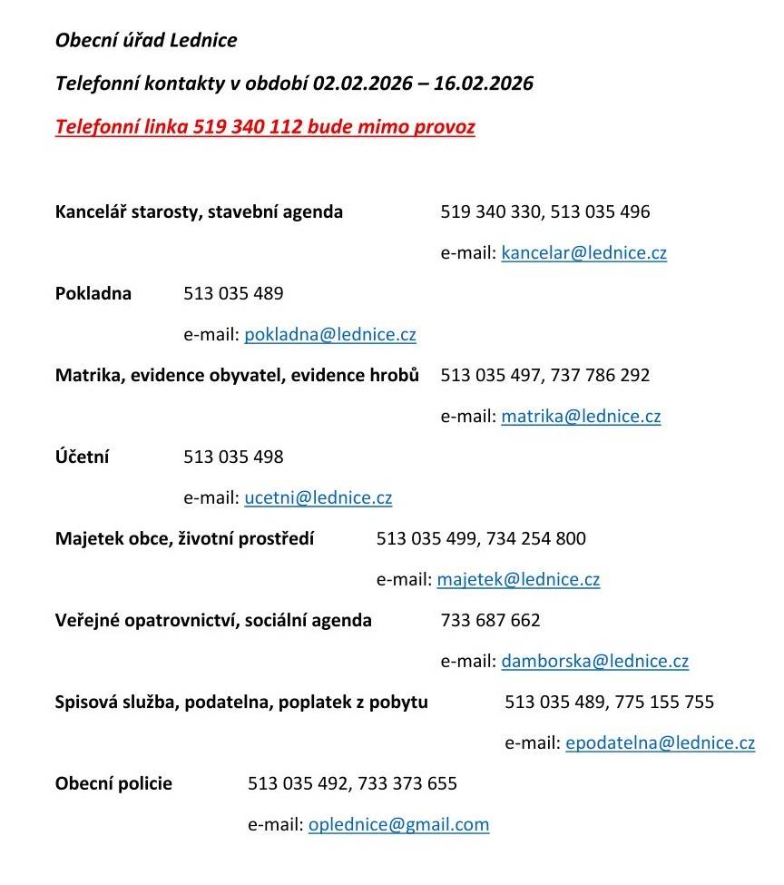 Telefonní kontakty na obecní úřad v Lednici v termínu 02.02.2026 - 16.02.2026