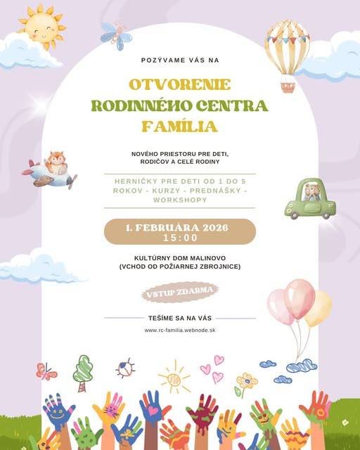 Rodinné centrum Família v Malinove vás pozýva do svojich nových zrekonštruovaných priestorov. Otvárajú 1. februára 2026 o 15:00 hod. Každého srdečne očakávajú.