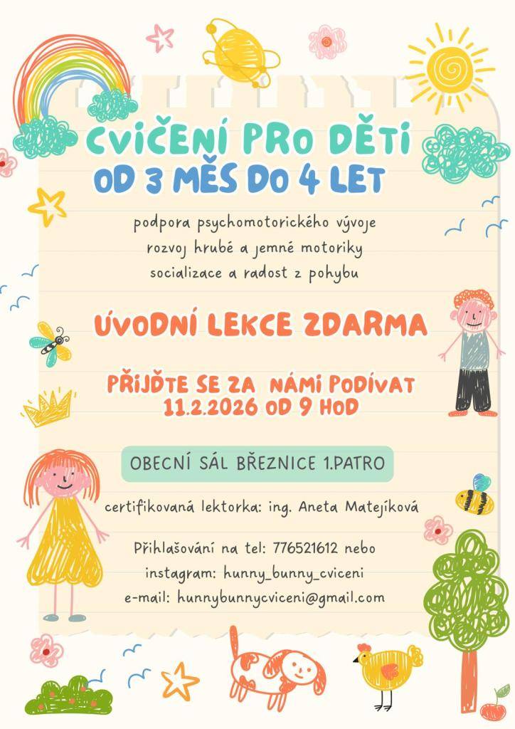 Pozvánka na cvičení pro děti od 3 měsíců do 4 let. Obecní sál Březnice (horní) - 11.02.2026 od 9 hod: