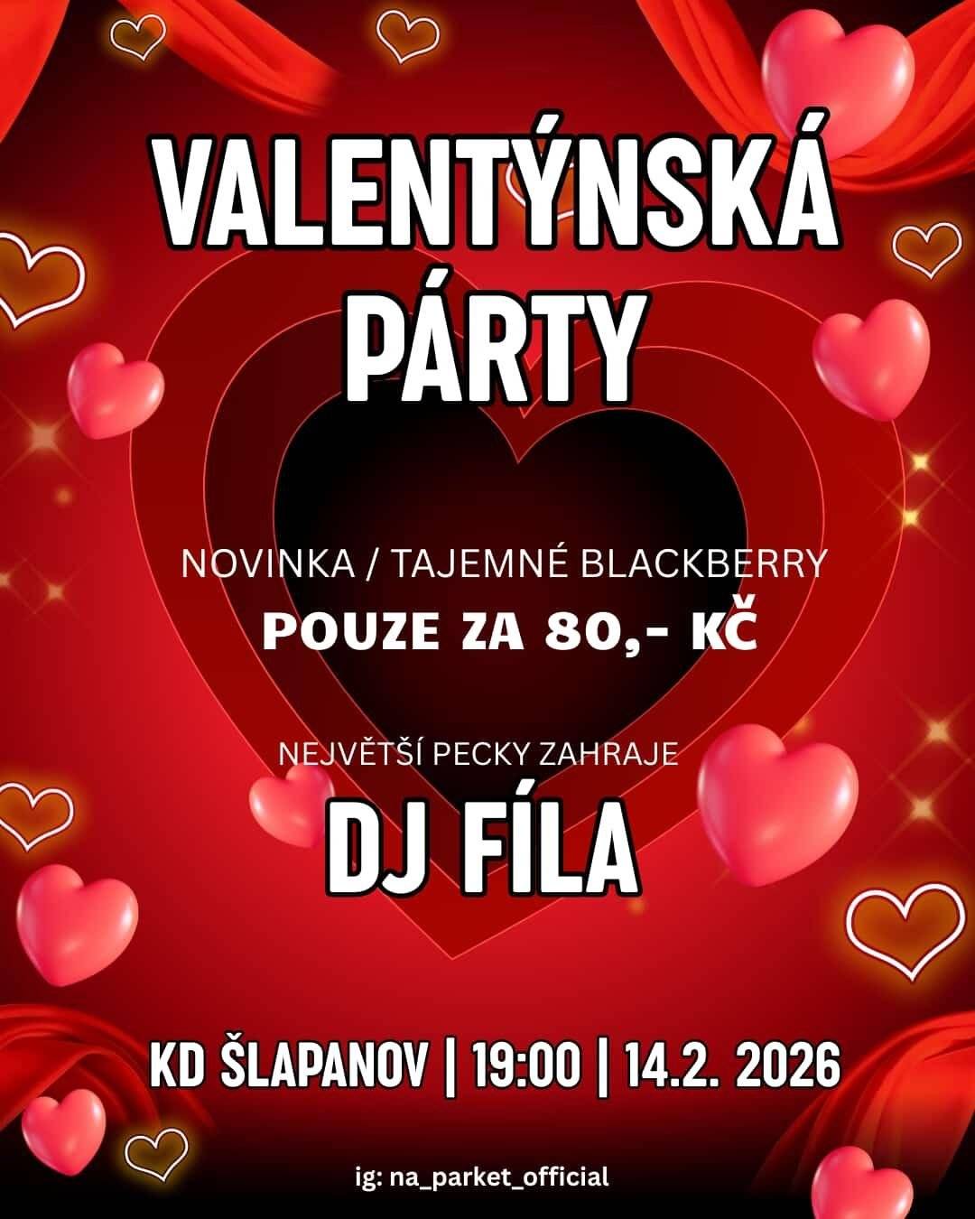 Je tu únor a s ním Valentýn. Na_parket_official a DJ Fíla Vás zvou na noc plnou hudby v kulturním sále ve Šlapanově, a to dne 14.2.2026 od 19,00 hod. Vstupné 200,-Kč (pro páry sleva).