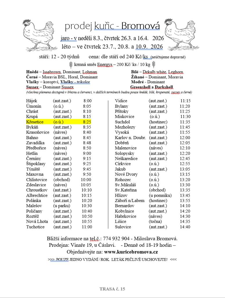 Bromová, prodej kuřic v Křeseticích