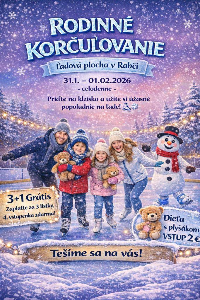 ❄️⛸️ Rodinné korčuľovanie v Rabči ⛸️❄️  Prevádzkovateľ ľadovej plochy v Rabči vás srdečne pozýva na krásne víkendové zimné popoludnie plné pohybu, smiechu a radosti od 31. 1. – 1. 2. 2026.  Bližšie informácie: