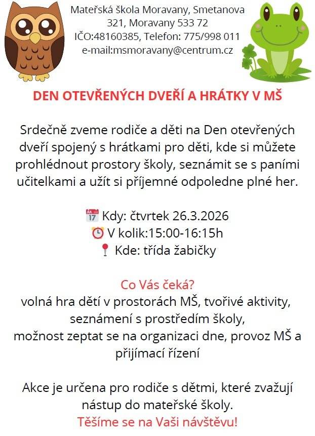 MŠ Moravany zve rodiče a děti na Den otevřených dveří spojený s hrátkami pro děti dne 26.3.2026 v čase od 15:00 do 16:15 hod.