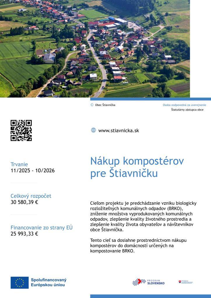 Cieľom projektu je predchádzanie vzniku biologicky  rozložiteľných komunálnych odpadov (BRKO),  zníženie množstva vyprodukovaných komunálnych  odpadov, zlepšenie kvality životného prostredia a  zlepšenie kvality života obyvateľov a návštevníkov  obce Štiavnička.