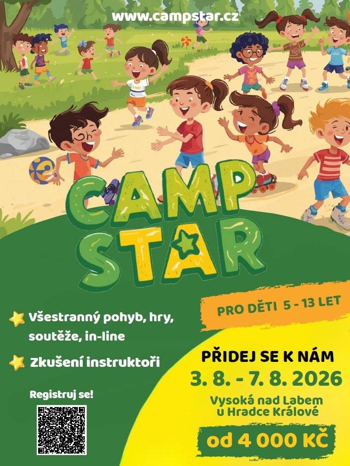 Léto se blíží a možná řešíte, jak skloubit prázdniny dětí tak, aby se bavily celý den a naučily se něco nového. Máme pro vás řešení. V CampStar (Vysoká nad Labem) jsme nastavili program tak, aby děti bavil a byl to pro ně nezapomenutelný týden. Náš tábor běží každý den od 07:00 do 17:00. Co přesně tím získáte? ✅ Zábavu pro Vaše děti po celý den. Ráno děti v klidu přivezete a odpoledne si je vyzvednete vyběhané, šťastné a plné zážitků. ✅ Sport, zábava a skvělá parta. Čekají nás míčové hry, atletika, in-line bruslení a týmové soutěže. Žádný nudný dril – naším cílem je radost z pohybu a zábava s kamarády pod vedením zkušeného týmu. ✅ Žádné starosti navíc. Pro děti budou připraveny teplé obědy v restauraci, svačiny, pití i veškerý program – vše je v ceně. Podívejte se na program a registrujte se zde: www.campstar.cz Těšíme se, až společně rozhýbeme léto! S pozdravem,  Tým CampStar