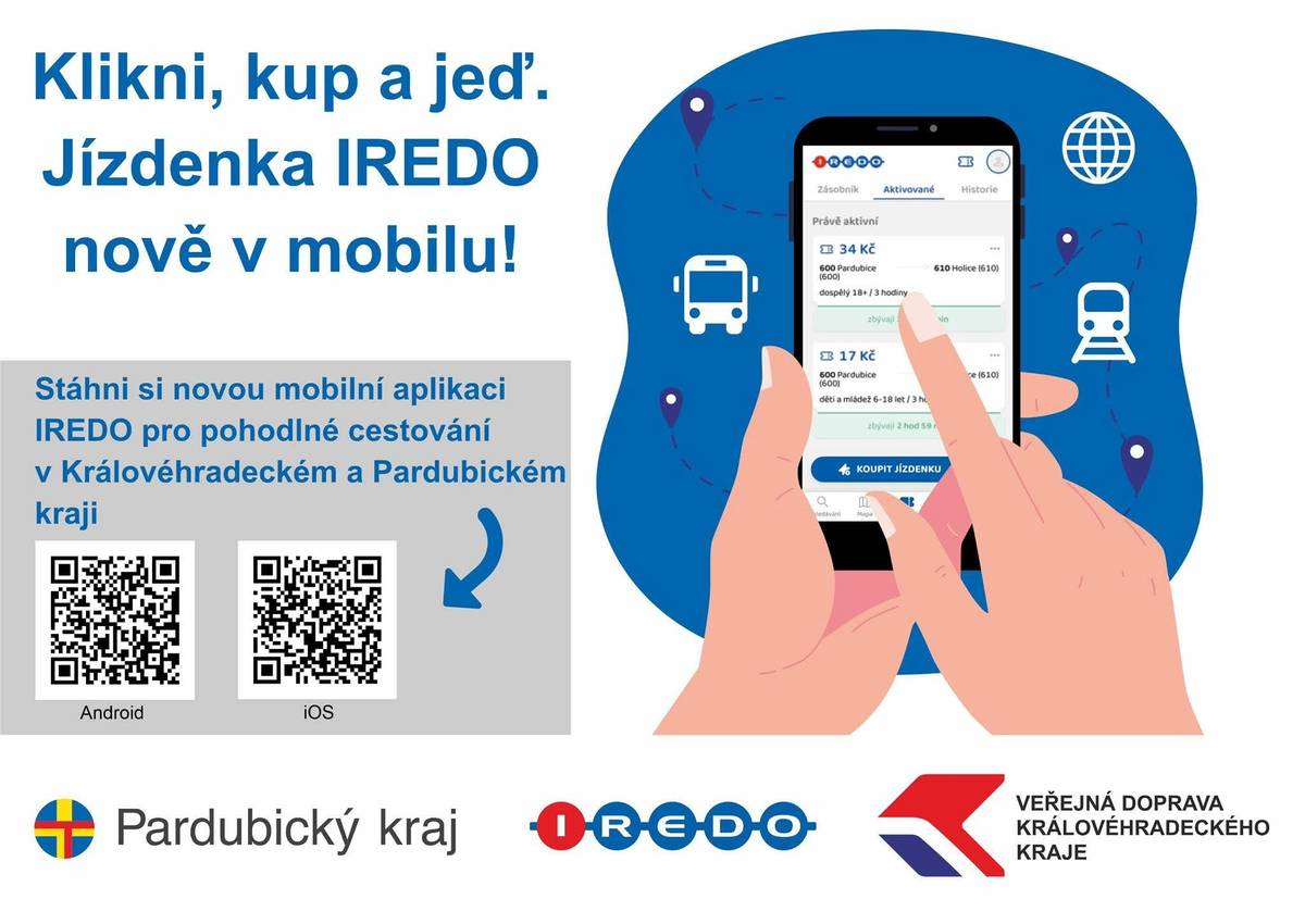 Od 1. prosince je pro cestující k dispozici nová mobilní aplikace IREDO, která umožňuje pohodlný nákup jízdenek přímo z mobilního telefonu.  Kromě samotného nákupu jízdenek nabízí aplikace také vyhledávání spojení, identifikaci nejbližší zastávky, přehled o aktuální poloze autobusů a vlaků včetně případného zpoždění, vyhledávání podle čísla linky či zastávky a ukládání oblíbených spojů.  Aplikace je zdarma a nabízí moderní způsob odbavení ve veřejné dopravě v Pardubickém kraji.  Níže naleznete podrobnější informace představující aplikaci.👇