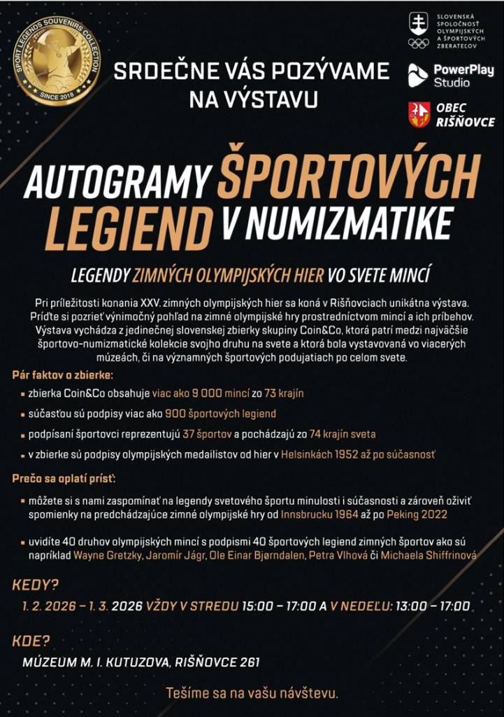 Vážení spoluobčania, obec Rišňovce organizuje jedinečnú a exkluzívnu výstavu „Autogramy športových legiend v numizmatike“. Vernisáž sa uskutoční v kaštieli v Rišňovciach a výstava potrvá celý mesiac február, každú stredu a nedeľu.