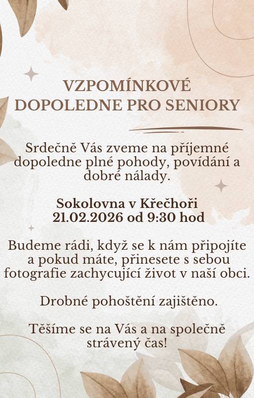 Srdečně Vás zveme na příjemné dopoledne plné pohody, povídání a dobré nálady. Budeme rádi, když se k nám připojíte a pokud máte, přinesete s sebou fotografie zachycující život v naší obci. Drobné pohoštění zajištěno.  Těšíme se na všechny!