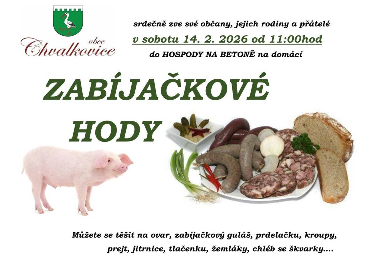 Zabíjačkové hody 2026 dne 14.2.2026 od 11:hod v hospodě Na betoně ve Chvalkovicích