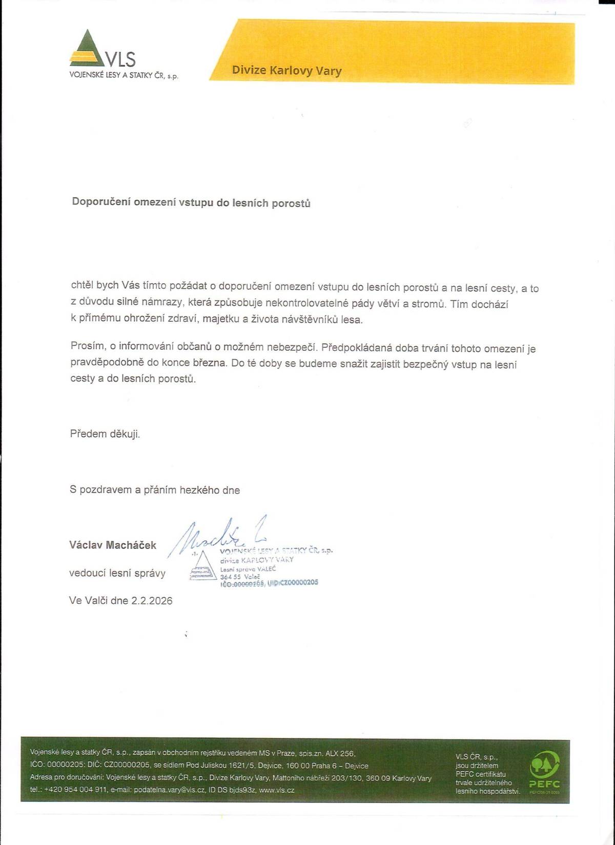 Doporučení omezení vstupu do lesních porostů