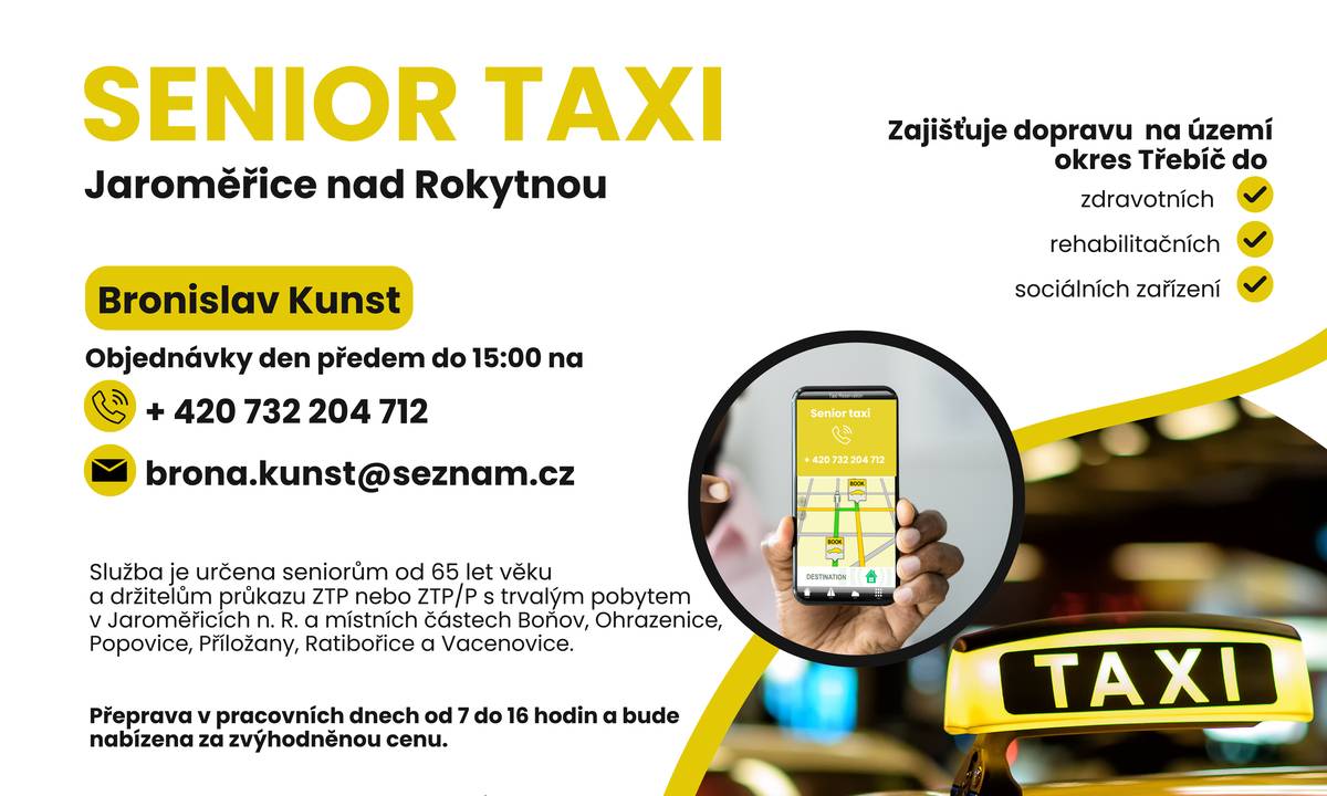 Služba pro seniory od 65 let a držitele průkazu ZTP / ZTP-P. Doprava k lékaři, rehabilitacím a sociálním zařízením v okrese Třebíč. Objednávky den předem do 15:00:       📞 732 204 712 ✉️ brona.kunst@seznam.cz 🕖 Provoz v pracovních dnech 7:00–16:00 💛 Zvýhodněná cena