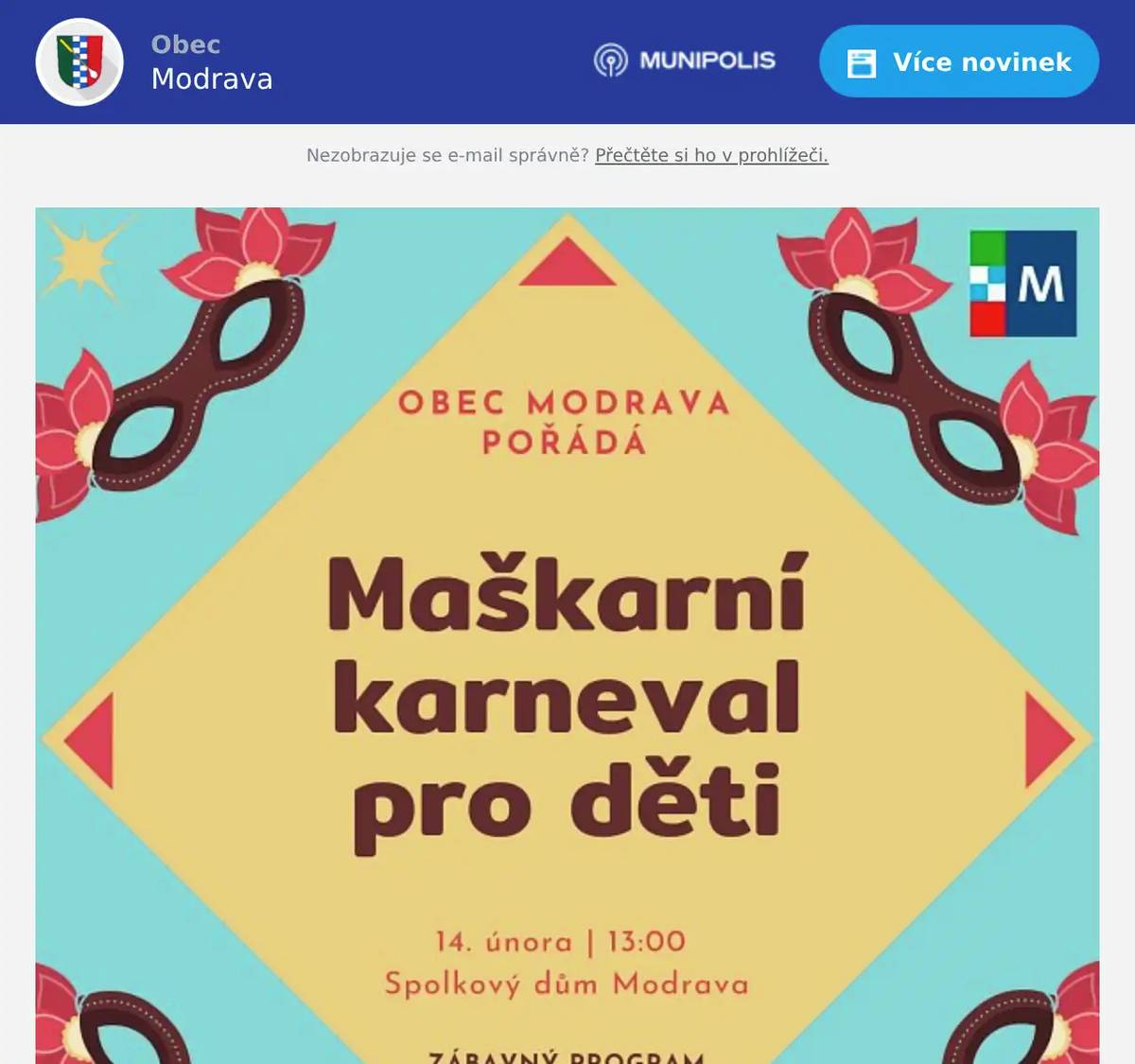 Dne 14. 2. 2026 se uskuteční maškarní pro děti i dospělé. Vaše obec Modrava