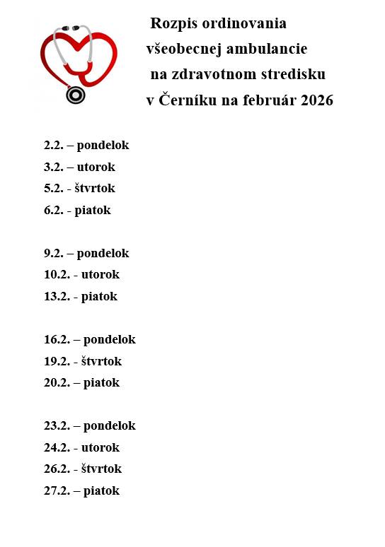 Rozpis ordinovania lekárov všeobecnej ambulancie na február 2026