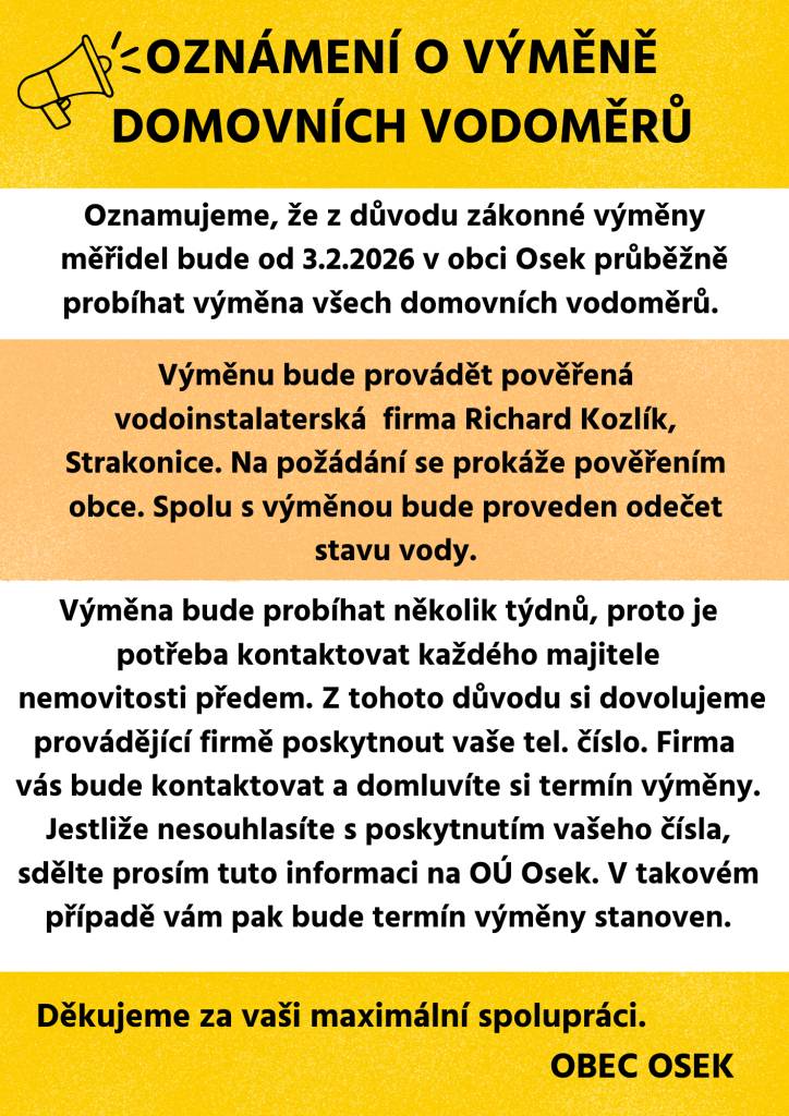 V obci Osek bude probíhat výměna vodoměrů.