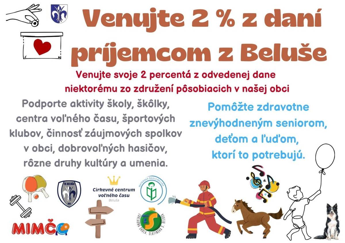 Svoje 2% z odvedenej dane môžete poukázať niektorému zo združení pôsobiacej v našej obci, ktoré sa venujú vzdelávacej, záujmovej, spoločenskej, kultúrnej, športovej činnosti, či pomáhajú deťom a ľuďom, ktorí pomoc druhých potrebujú.
