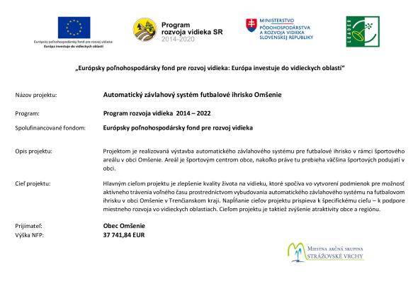 Automatický závlahový systém Futbalové ihrisko Omšenie