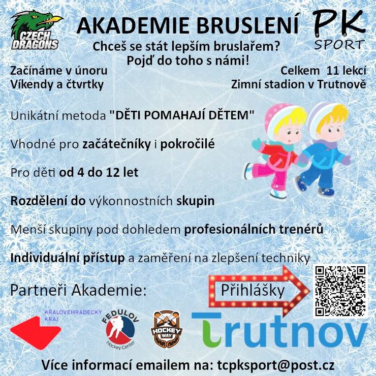 Máte doma dítě ve věku 4–12 let, které se chce naučit bruslit, nebo už zvládá první obloučky a rádo by se posunulo dál? Přidejte se k nám na jarní kurz bruslení v Trutnově, který startuje v únoru 2026!