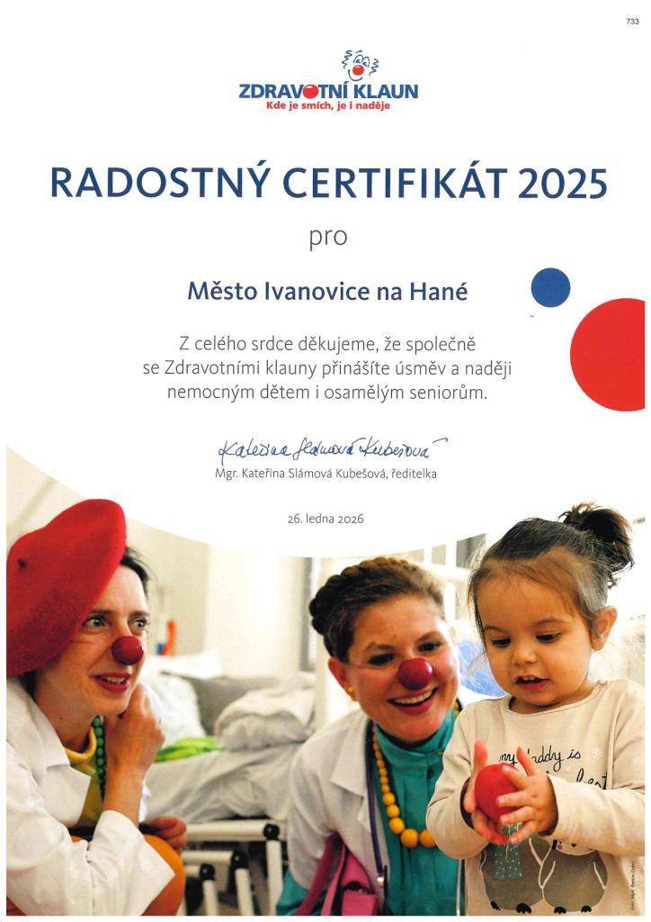 Město Ivanovice na Hané obdrželo poděkování od společnosti Zdravotní klaun o.p.s. za příspěvek na činnost v roce 2026.