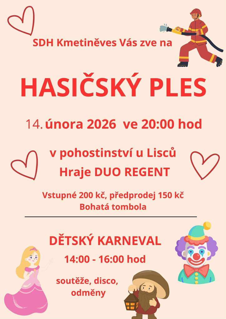 SDH Kmetiněves zve všechny dětičky na odpolední dětský karneval a večer od 20hod zve všechny dospělé na tradiční hasičský ples.