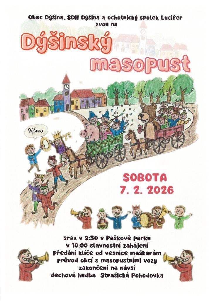 V sobotu proběhne v naší obci tradiční průvod masek. Trasa průvodu je vyznačena na přiložené mapě.  Děkujeme všem občanům, kteří se do průvodu zapojí,ať už jako účastníci v maskách, přihlížející diváci, nebo ti, kteří masky po cestě pohostí.  Věříme,že tato akce přispěje k příjemné atmosféře v obci.