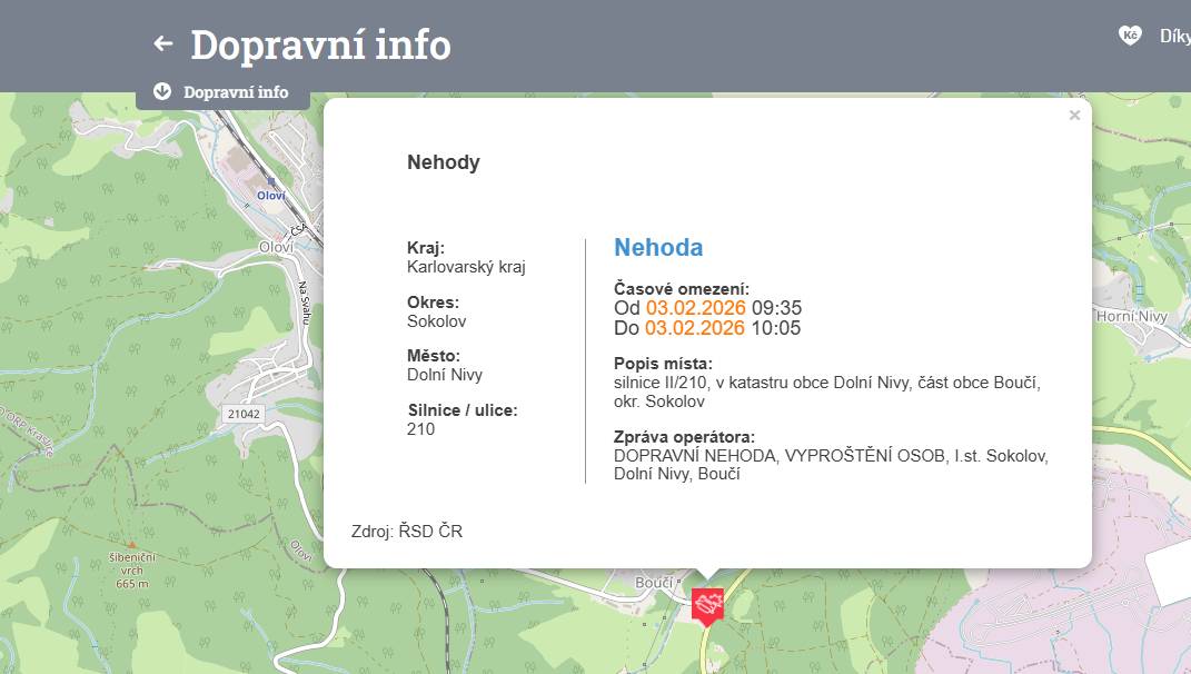 Pozor, pozor! Silnice z Boučí na Sokolov je z důvodu dopravní nehody uzavřená, objízdná trasa přes Krajkovou.