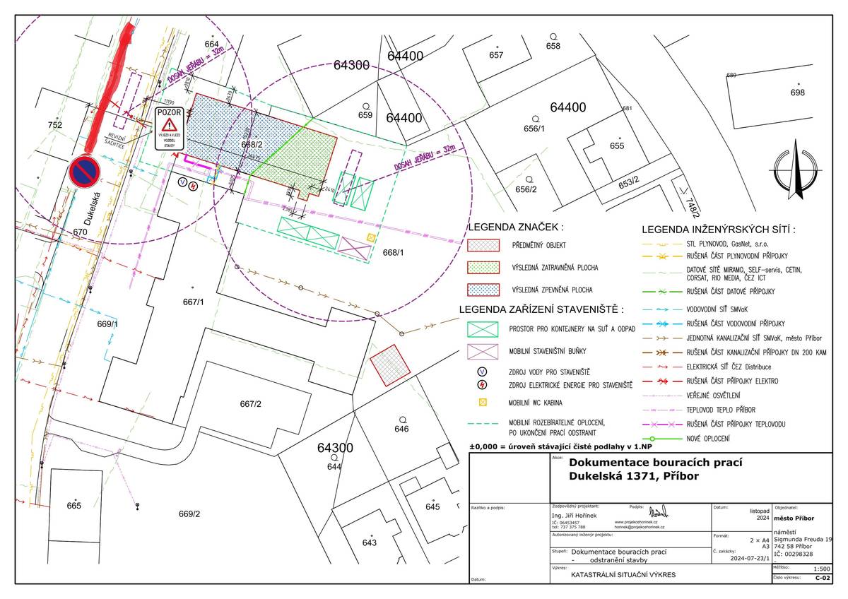 Město Příbor zahájí v průběhu února demolici objektu bývalé školní jídelny č. p. 1371, která je součástí širšího projektu obnovy a modernizace areálu bývalé Základní školy Dukelské. Povolení k demolici nabylo právní moci dne 28. listopadu 2025. Demolice je důležitým přípravným krokem pro další rozvoj školního areálu a navazující investiční záměry města v oblasti školství.  Předpokládané předání staveniště je plánováno v týdnu od 16. února 2026. Hlavní bourací práce a odvoz suti proběhnou především v prvním měsíci po převzetí staveniště, následně bude plocha upravena navezením kameniva a zeminy za účelem urovnání terénu. Předpokládaný termín dokončení je zhruba do dvou měsíců, a to za předpokladu, že nedojde k neočekávaným komplikacím. Cena základní smlouvy na samotné demoliční práce činí 1 303 509,39 Kč bez DPH. Celkové náklady projektu však zahrnují také související výdaje, jako je zpracování projektové dokumentace, odpojování inženýrských sítí (např. teplovod, elektroinstalace) či zajištění odborných dozorů včetně BOZP. Celkové náklady město odhaduje v rozmezí 2–2,5 milionu Kč. „V souvislosti s demolicí dojde k dočasným dopravním opatřením v ulici Dukelské. Realizátor stavby aktuálně ve spolupráci s Policií ČR a Dopravním inspektorátem v Kopřivnici připravuje osazení přechodného dopravního značení, a to zejména označení „Výjezd vozidel ze stavby“ u stávajícího sjezdu v prostoru před bývalou jídelnou a „Zákaz stání“ v délce přibližně 30 metrů naproti výjezdu ze stavby, a to z důvodu bezpečnosti a prevence poškození zaparkovaných vozidel,“ uvedla Karolína Pavelková z odboru investic, rozvoje a správy majetku. Město žádá řidiče o důsledné respektování dočasného dopravního značení. V případě jeho porušování, zejména při blokování výjezdu staveništní techniky nebo při stání v nepřehledných místech, bude situace řešena ve spolupráci s městskou policií. Cílem je zajistit plynulý průběh stavebních prací a minimalizovat bezpečnostní rizika pro všechny účastníky provozu. Město Příbor děkuje občanům za trpělivost a ohleduplnost během realizace této stavby, která je součástí dlouhodobé snahy o zkvalitňování školní infrastruktury ve městě.