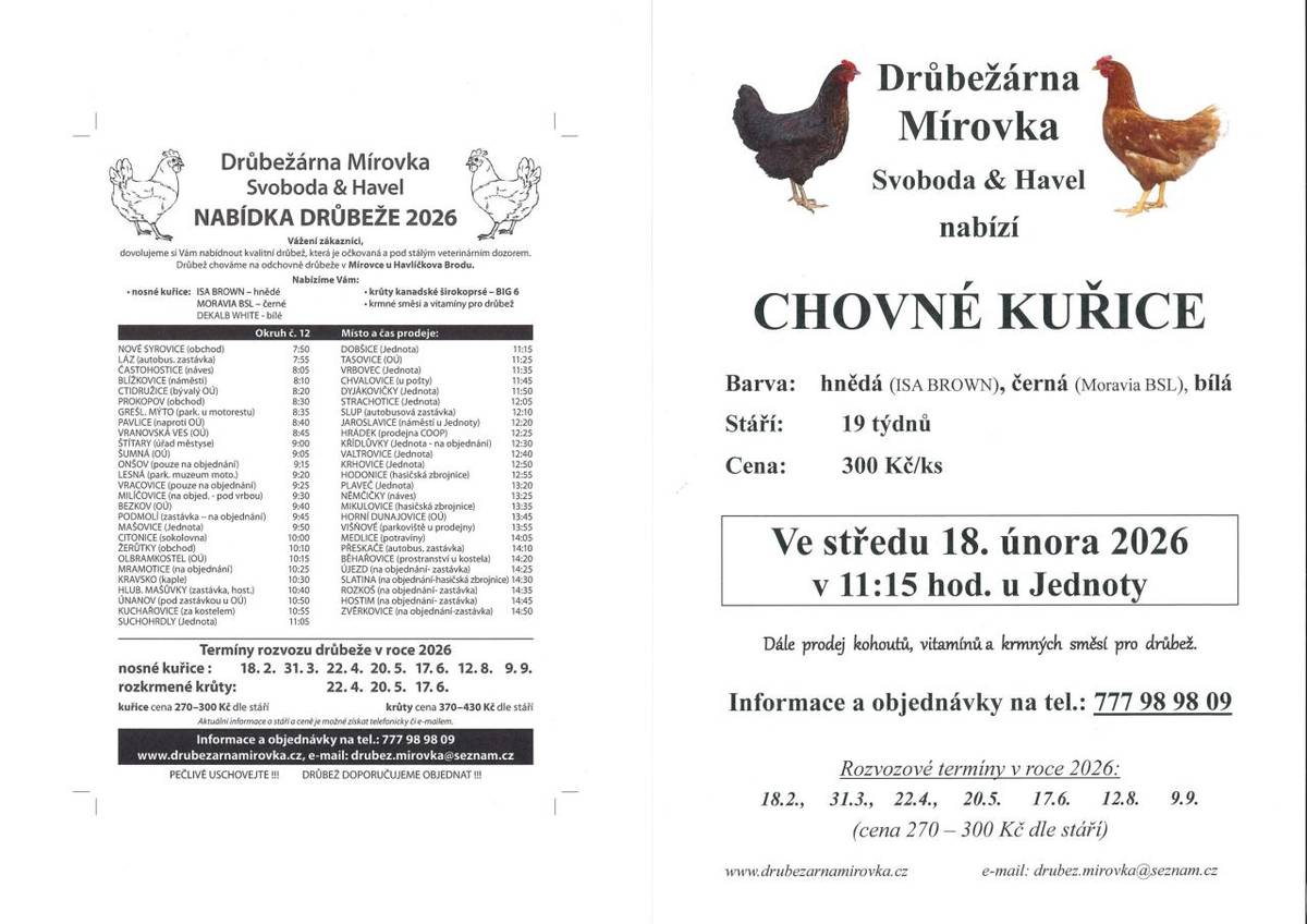 Ve středu 18. února 2026 v 11.15 hod. u Jednoty prodej kuřic