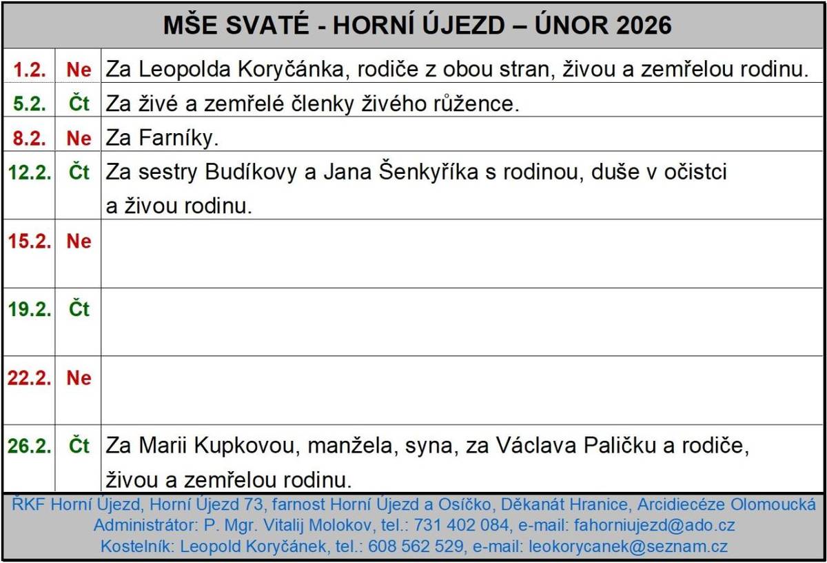 mše svaté na měsíc únor 2026