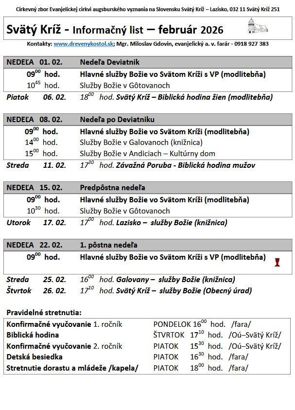 Rozpis bohoslužobných podujatí na mesiac február 2025