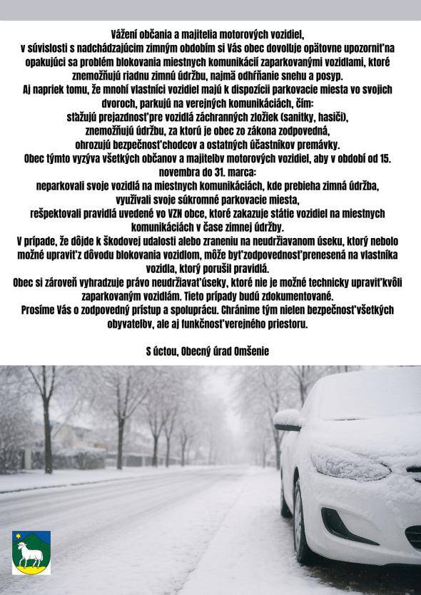 Výzva a upozornenie pre občanov obce a majiteľov motorových vozidiel k zimnej údržbe komunikácií