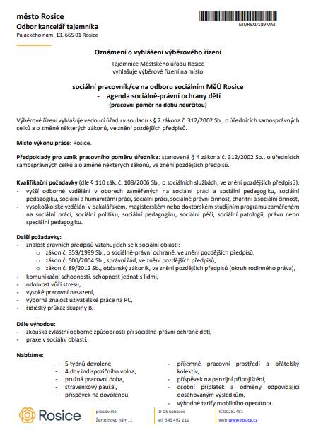 Vyhlášení výběrového řízení sociální pracovník/ce na odboru sociálním MěÚ Rosice.