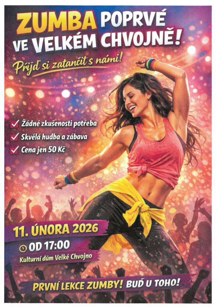 Zveme Vás na akci do Kulturního domu ve Velkém Chvojně, kde se můžete těšit na odpoledne plné skvělé hudby a tance v rytmu zumby. Cena vstupenky činí pouze 50 Kč, což je skvělá příležitost pro všechny, kdo chtějí strávit příjemné odpoledne a zacvičit si.