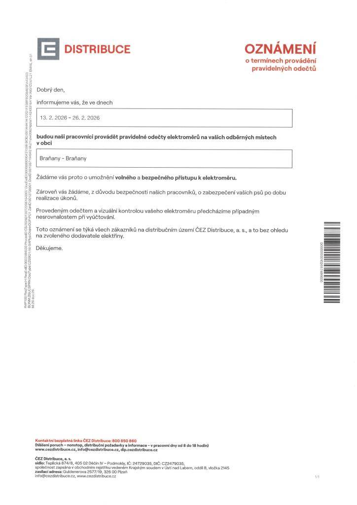 ČEZ Oznámení o termínech provádění pravidelných odečtů od 13.2.-26.2.2026