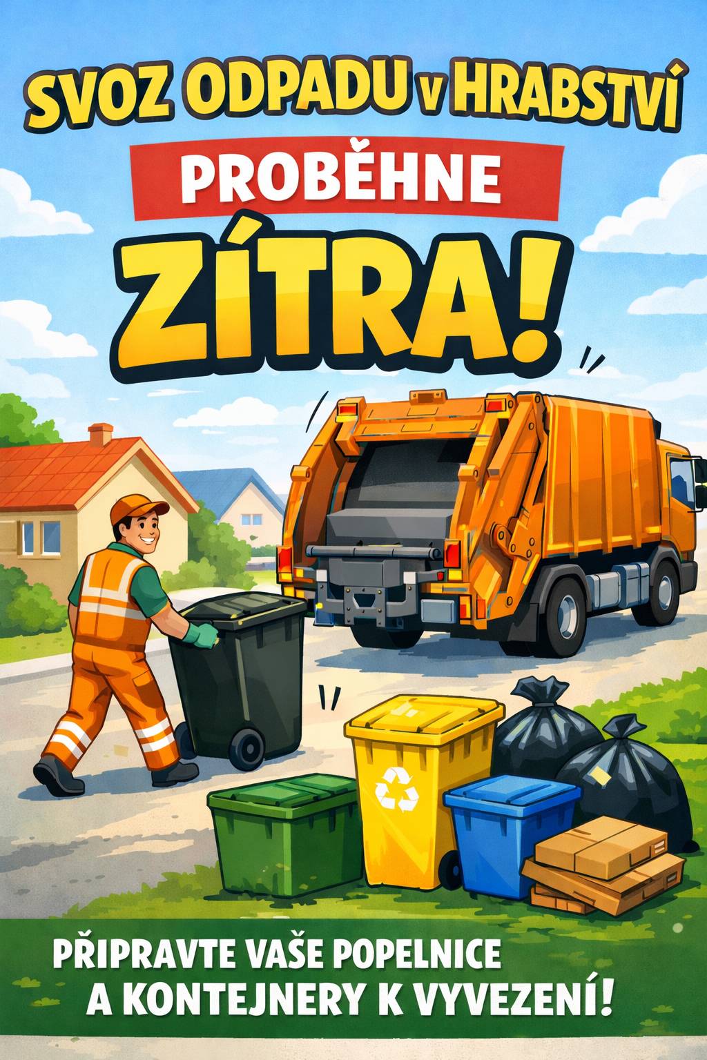 Važení občané, z organizačních důvodů bude svoz komunálního odpadu na Hrabství proveden zítra. tj. 3.2.2026. Nechte prosím popelnice vystaveny. Děkujeme