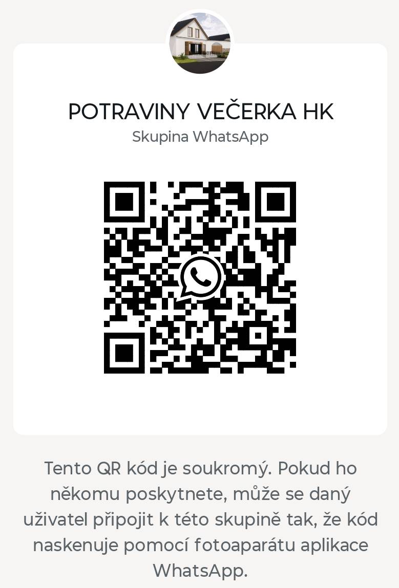 Na stránkách obce přibyl nový článek o místním obchodě. Kdo má zájem a chce být informován o změnách v sortimentu, otevírací době, apod., může se přihlásit kliknutím do otevřené WhatsAppové skupiny POTRAVINY VEČERKA HK nebo naskenováním QR kódu níže. Skupinu můžete libovolně sdílet a přidávat do ní své známé. Zůstaňte v obraze 😉