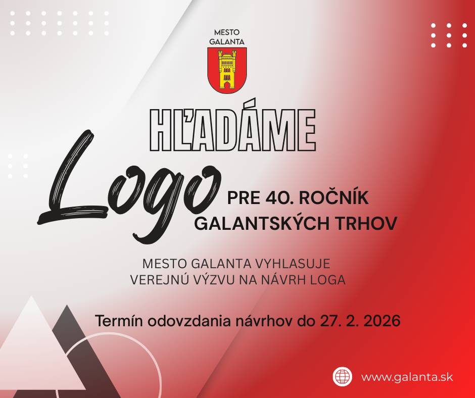 Mesto Galanta vyhlasuje verejnú výzvu na návrh oficiálneho loga Galantských trhov pri príležitosti  40. ročníka. Chceme, aby nové logo reprezentovalo tradíciu, atmosféru a jedinečnosť nášho najväčšieho podujatia – a práve vy môžete byť jeho autorom!