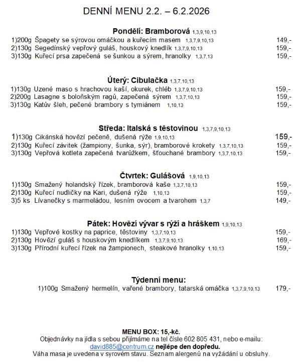 Pondělí 2.2. - pátek 6.2.2026