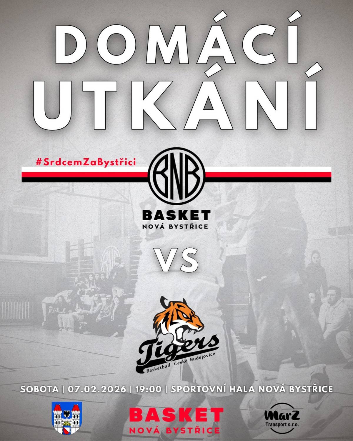 Tým Basket Nová Bystřice vás srdečně zve na další domácí zápas, který se uskuteční v sobotu 7. února 2026 od 19.00 hodin ve sportovní hale. Naším soupeřem budou tentokrát Tigers České Budějovice. Připravte si hlasivky a přijďte novobystřické basketbalisty podpořit!