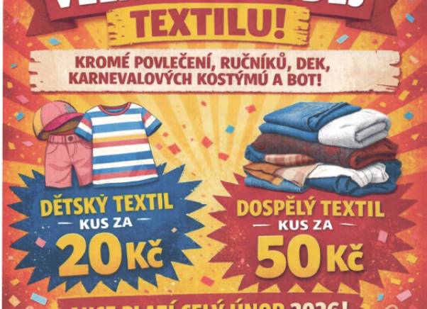 Prodejna Rose's Second Hand oznamuje, že po celý měsíc únor probíhá výprodej textilu. Akce se vztahuje na dětský textil 20 Kč/ks a dospělý textil 50 Kč/ks.