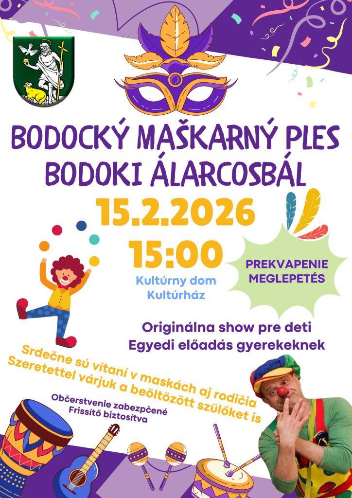 Samospráva obce Dolné Obdokovce Vás srdečne pozýva na Bodocký maškarný ples, ktorý sa uskutoční 15. februára 2026 so začiatkom o 15. hodine v miestnom kultúrnom dome. Privítame aj rodičov v maskách.  Deti sa môžu tešiť na originálnu show a prekvapenie.  Občerstvenie bude zabezpečené.