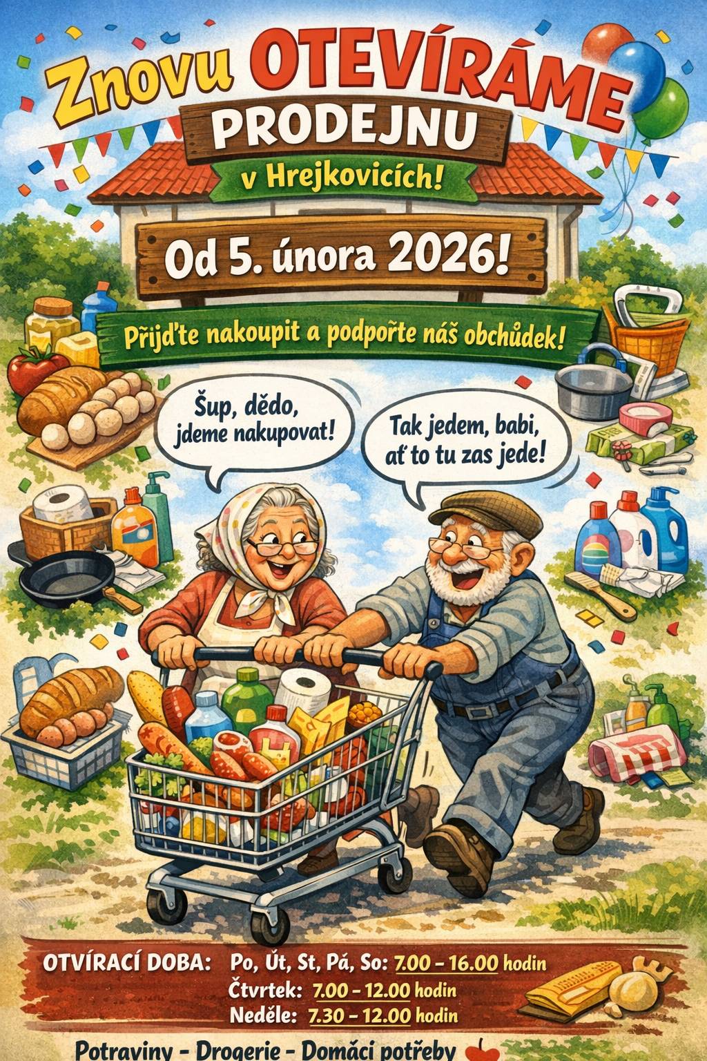 Vážení spoluobčané, sousedé, po menší pauze se obchod v Hrejkovicích znovu probouzí k životu. Otvíráme již ve čtvrtek 5. února v 7,00 hodin. Není to jen budova z cihel a pár regálů, je to srdce naší obce, vybudovali ho naši předkové pro nás všechny, abychom nemuseli jezdit pro rohlík přes půl okresu, abychom se měli kde sejít, pozdravit se, prohodit spolu pár slov. Otvírací doba pondělí, úterý, středa, pátek, sobota 7,00 - 16,00 hodin, ve čtvrtek 7,00- 12,00 hodin, neděle 7,30 - 12,00 hodin. Podpořte místní prodejnu svým nákupem, nedávejte přednost anonymním supermarketům, když máte svůj obchod přímo doma. Těšíme se na Vás!